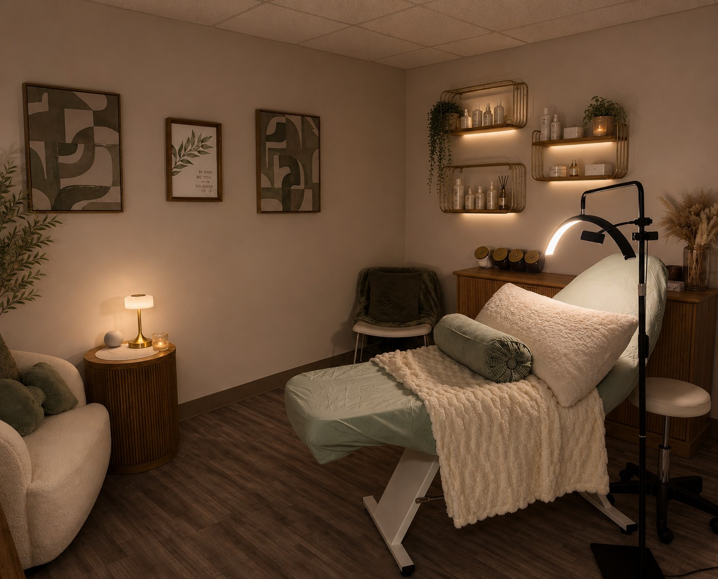 The calm, neutral-toned treatment room at Kalos Aesthetics in Northglenn, Colorado